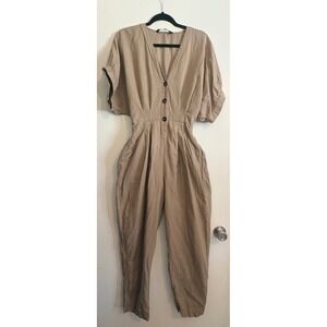 Zara Women's Tan Linen Blend Jumpsuit Button‎ Front Tie Waist Utility Style M